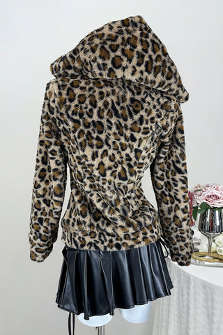 Zip-Up Hooded Leopard Print Jacket