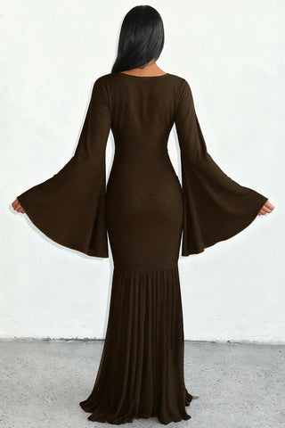 Ruched Bell-Sleeve Evening Dress