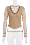 V-Neck Lace Long Sleeve Tee