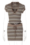 Striped Short Sleeve Skirt Set