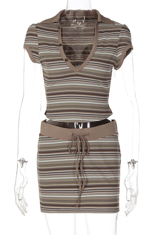 Striped Short Sleeve Skirt Set