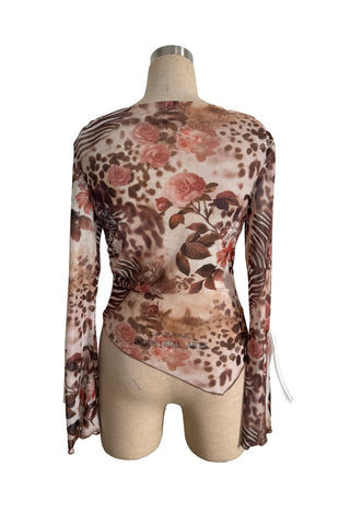 Asymmetrical Hem Floral Animal Print Blouse