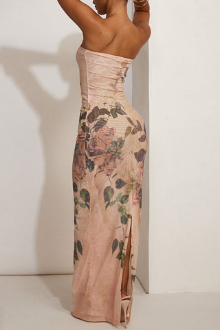 Strapless Floral Evening Gown