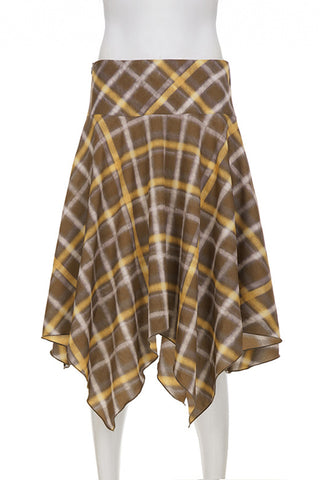 Handkerchief Hem Plaid Midi Skirt