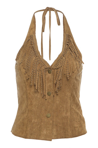 Fringe Halter Buttoned Tank Top