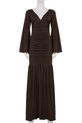 Ruched Bell-Sleeve Evening Dress