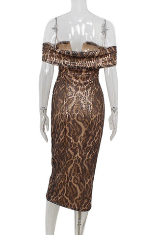 Off-Shoulder Sequined Animal Print Dress