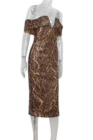 Off-Shoulder Sequined Animal Print Dress