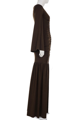 Ruched Bell-Sleeve Evening Dress
