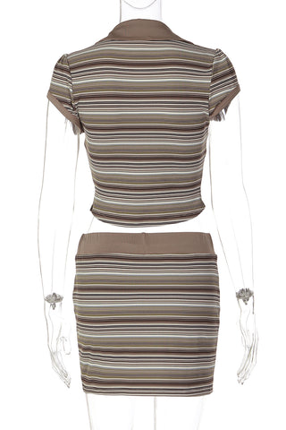 Striped Short Sleeve Skirt Set