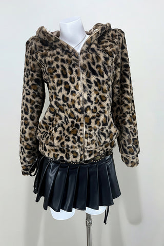 Zip-Up Hooded Leopard Print Jacket