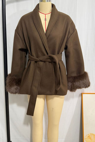 Belted Wrap Jacket with Fur Cuffs