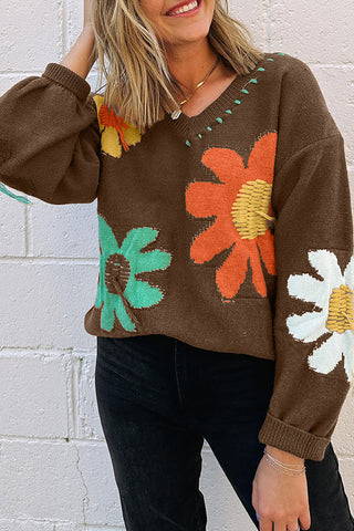 Floral Pattern V-Neck Sweater