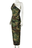 One-Shoulder Camouflage Midi Dress