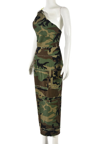 One-Shoulder Camouflage Midi Dress