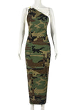 One-Shoulder Camouflage Midi Dress