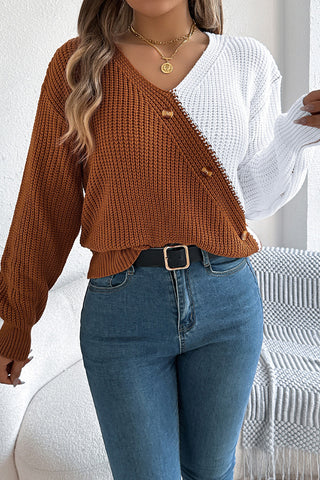 Button-Front Two-Tone Sweater