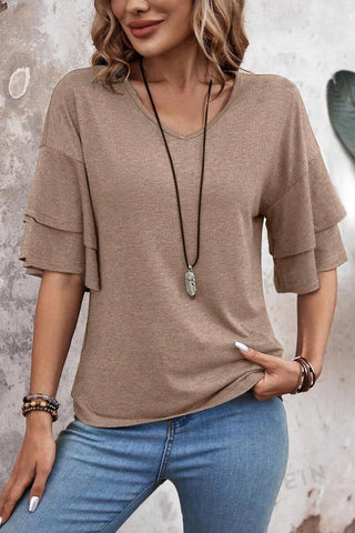 Ruffle Sleeve V-Neck T-Shirt