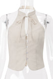 Tie-Neck Halter Button Tank Top