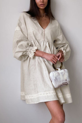 Buttoned Casual Dress with Lace Details