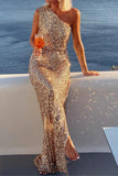 One-Shoulder Sequin Evening Gown