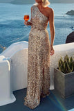 One-Shoulder Sequin Evening Gown