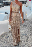 One-Shoulder Sequin Evening Gown