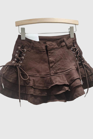 Layered Ruffle Lace-Up Mini Skirt