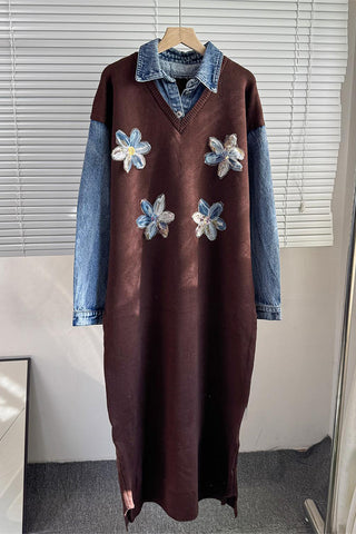 Floral Appliqué Denim Shirt Dress