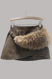Button-Accent Fur Trim Mini Skirt