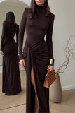 Elegant Mock-Neck Ruched Maxi Dress