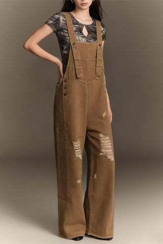 Distressed Denim Jumpsuit with Straps