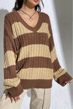 Striped V-Neck Cable Sweater