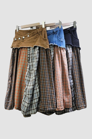 Button-Accented Plaid Skirt