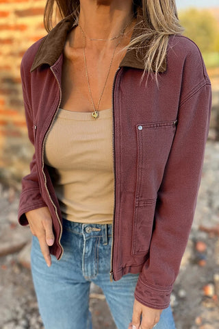 Corduroy Collar Zipped Denim Jacket