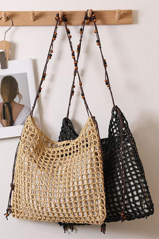 Beaded Shoulder Hollow Woven Beach Bag