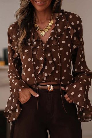 Polka Dot Ruffle Trim V Neck Bell Sleeve Top