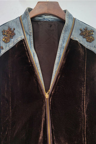 Embellished Denim Patch Velvet Jacket