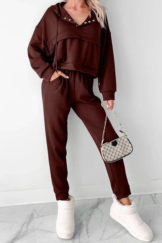 Button Drawstring Cropped Hoodie Jogger Set