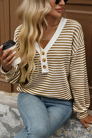 V-Neck Buttoned Striped T-Shirt