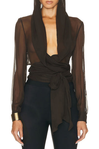 Wrap Hooded Blouse with Tie Waist