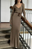 Ribbed V-Neck Long Sleeve Midi Dress