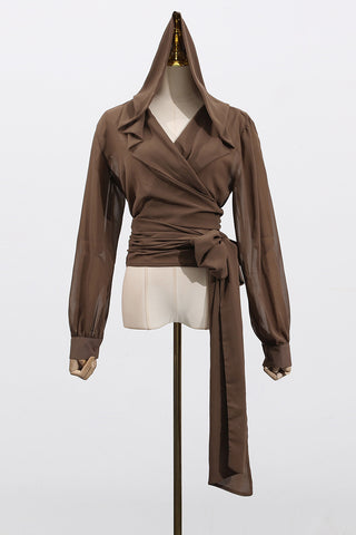 Wrap Hooded Blouse with Tie Waist