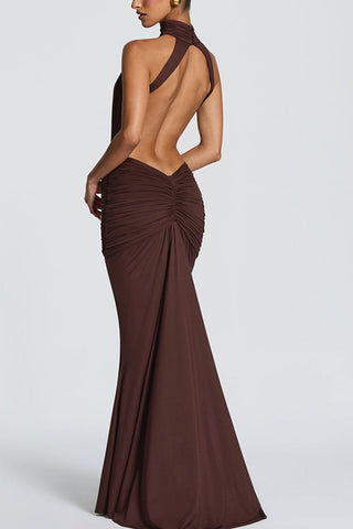 Ruched High-Neck Evening Gown