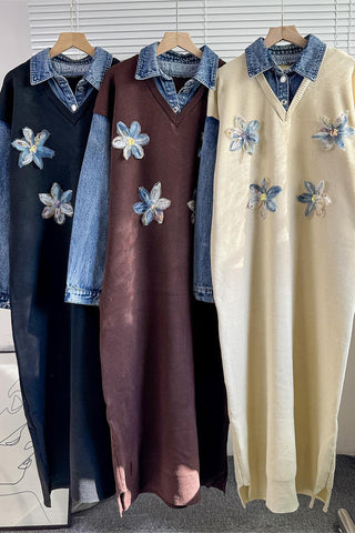 Floral Appliqué Denim Shirt Dress