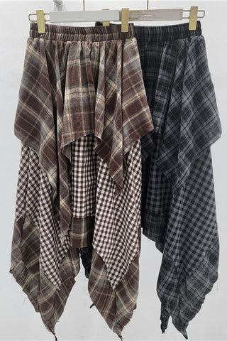 Draped Plaid Maxi Skirt with Asymmetric Hem