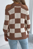 Open-Shoulder Checkered Sweater