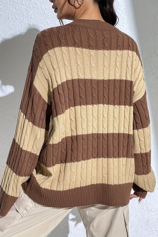Striped V-Neck Cable Sweater