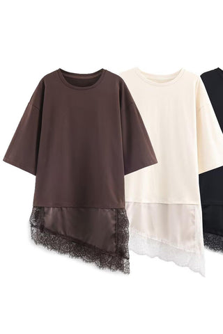 Asymmetrical Hem T-Shirt with Lace Detail