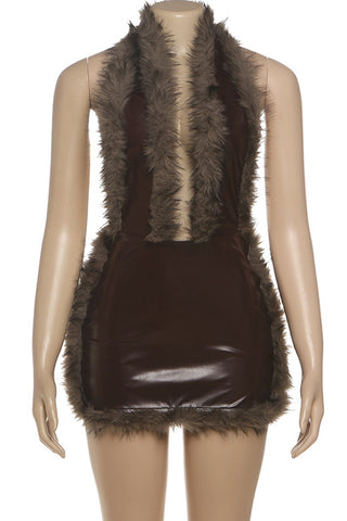 Faux Fur Trim Halter Casual Dress